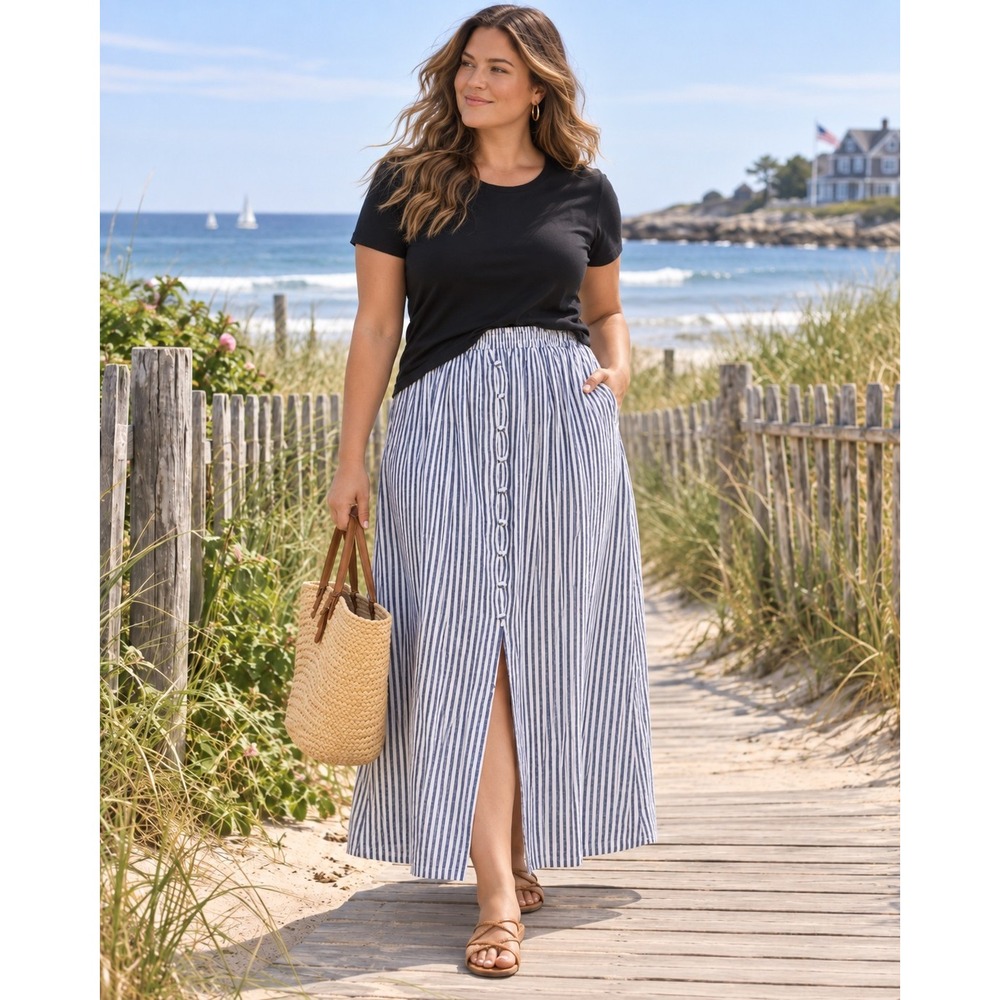 Jane + Delancey 2X Blue White Striped Maxi Skirt Button Front Slit Plus Size